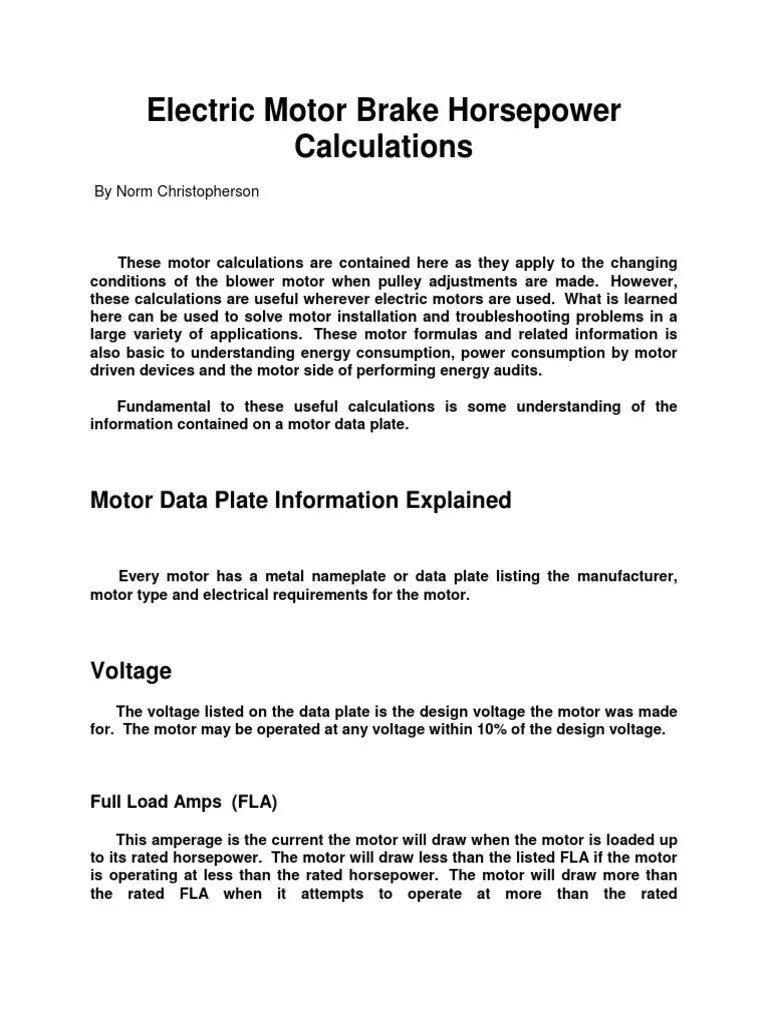 Electric Motor Brake Horsepower Calculations Power (Physics) Horsepower