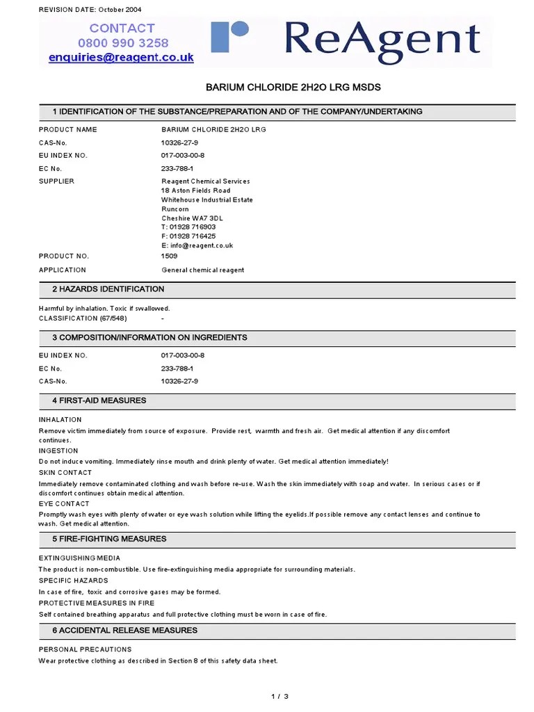 Barium Chloride 2h2o Lrg Msds Safety Occupational Safety And Health