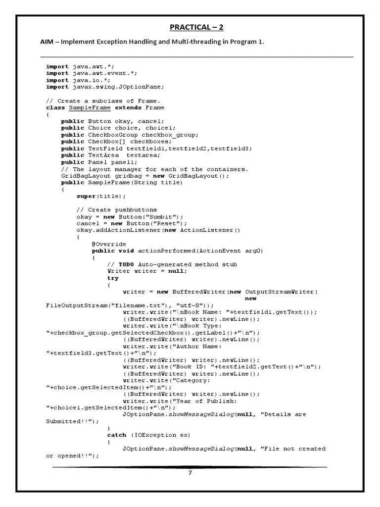 Practical 2 AIM Implement Exception Handling and MultiThreading