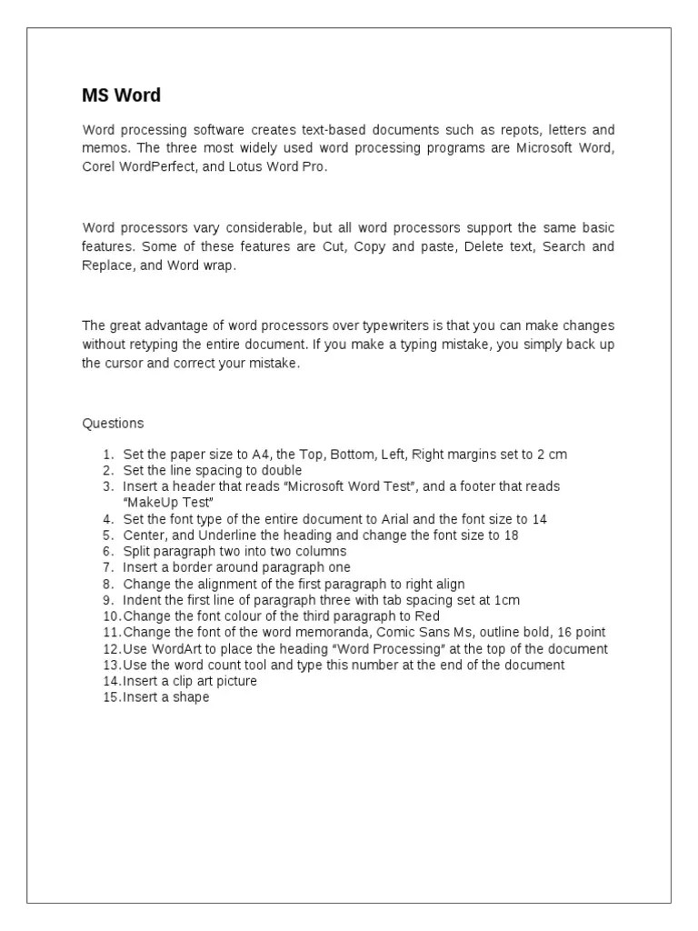 Microsoft Word Intermediate Level Question paper Word Processor