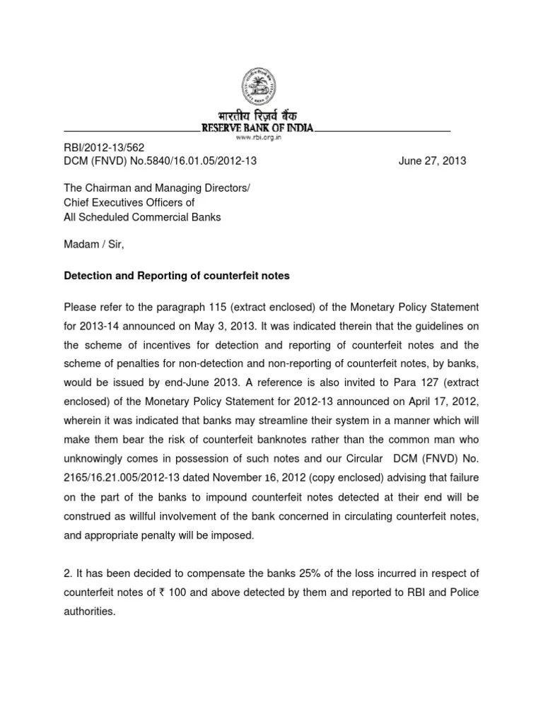 Reporting of Counterfeit Notes Banknote Reserve Bank Of India Free 30day Trial Scribd