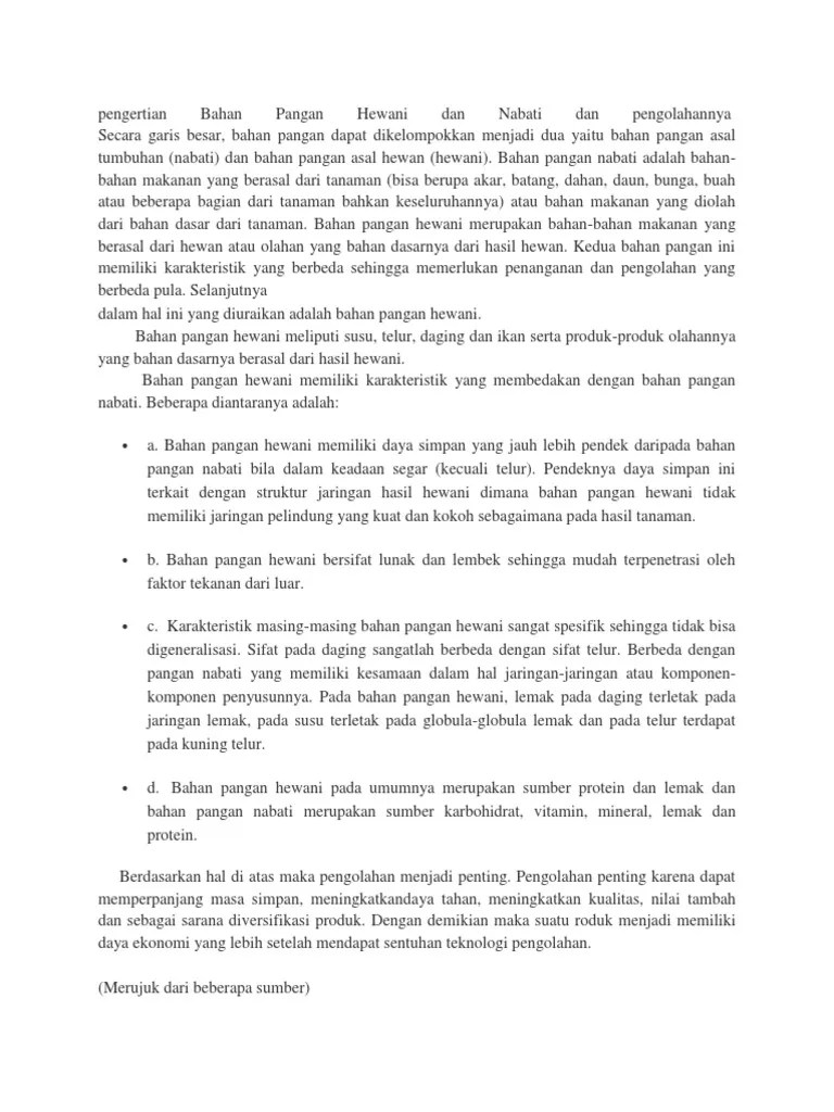 Pengertian Bahan Pangan Hewani Dan Nabati Dan Pengolahannya | PDF