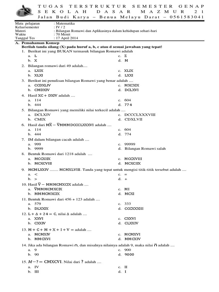 Soal Latihan Bilangan Romawi IV SD | PDF