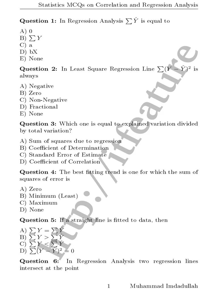 MCQs On Correlation and Regression Analysis PDF