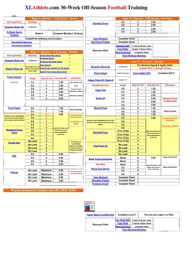 Workout Sheet Football 30Week OffSeason Training Week1519 PDF