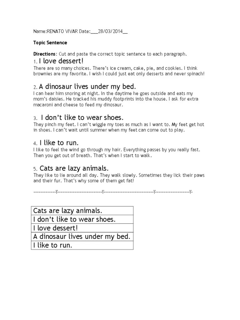Topic Sentence Exercise