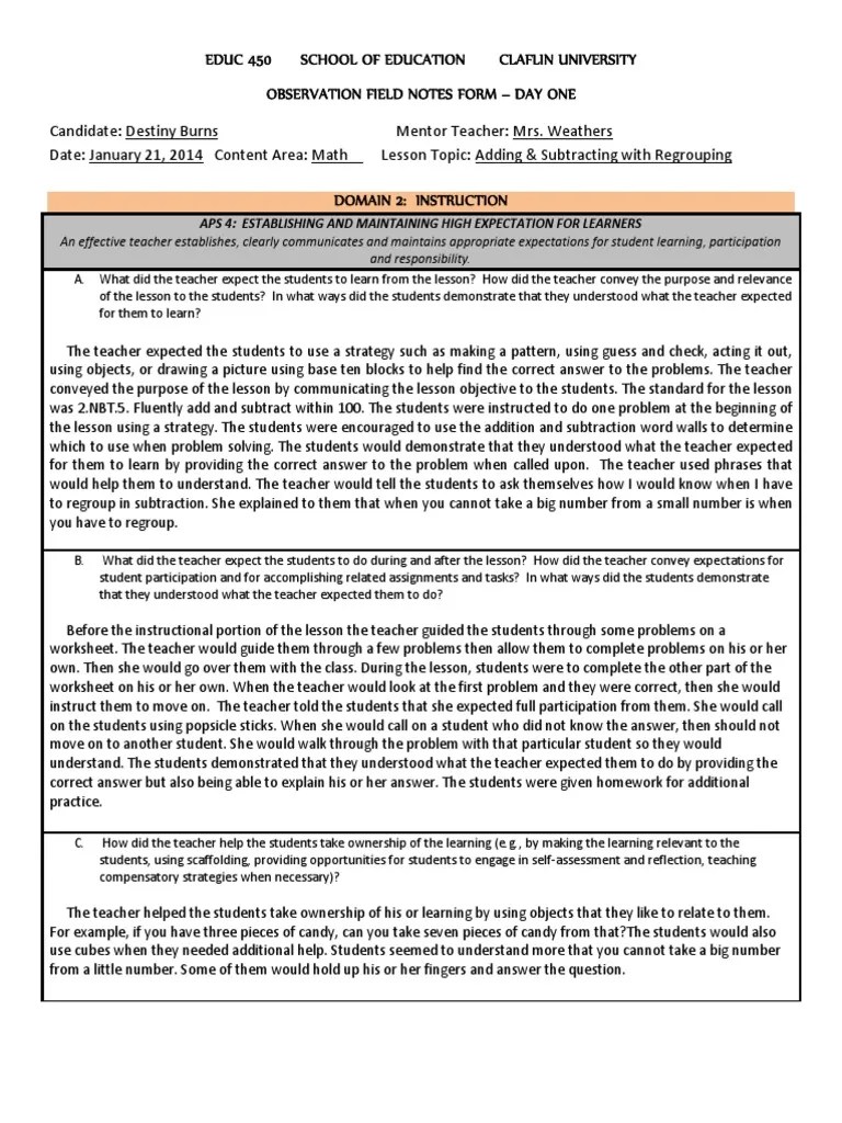 Observation Field Notes Teachers Classroom