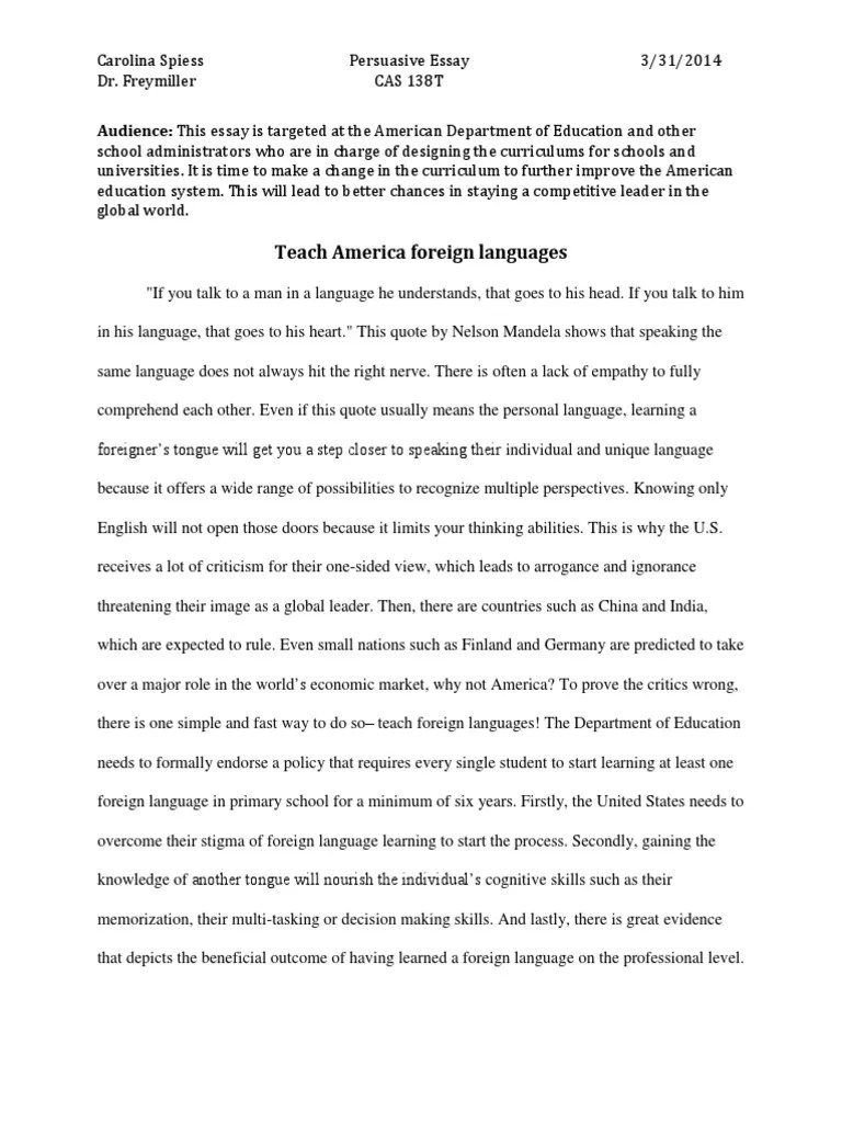 persuasive essay Multilingualism Foreign Language