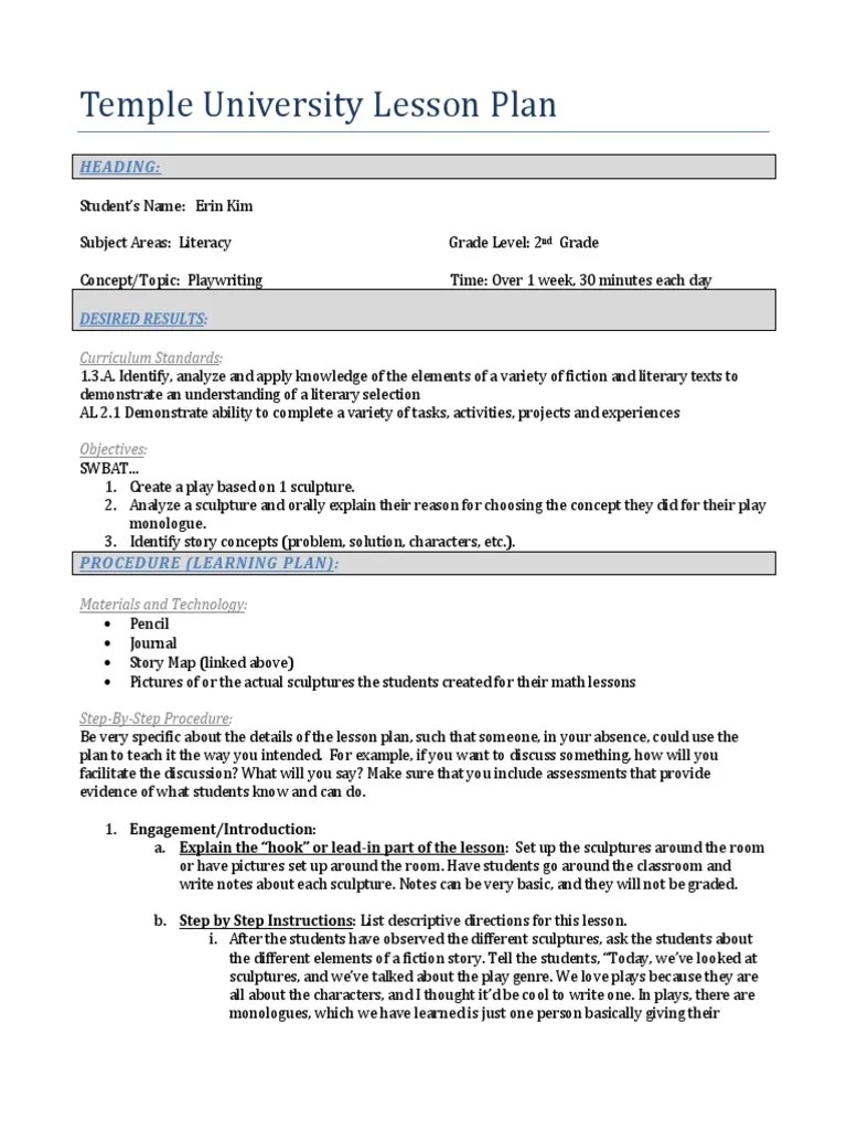 Temple University Lesson Plan Heading Lesson Plan Teaching