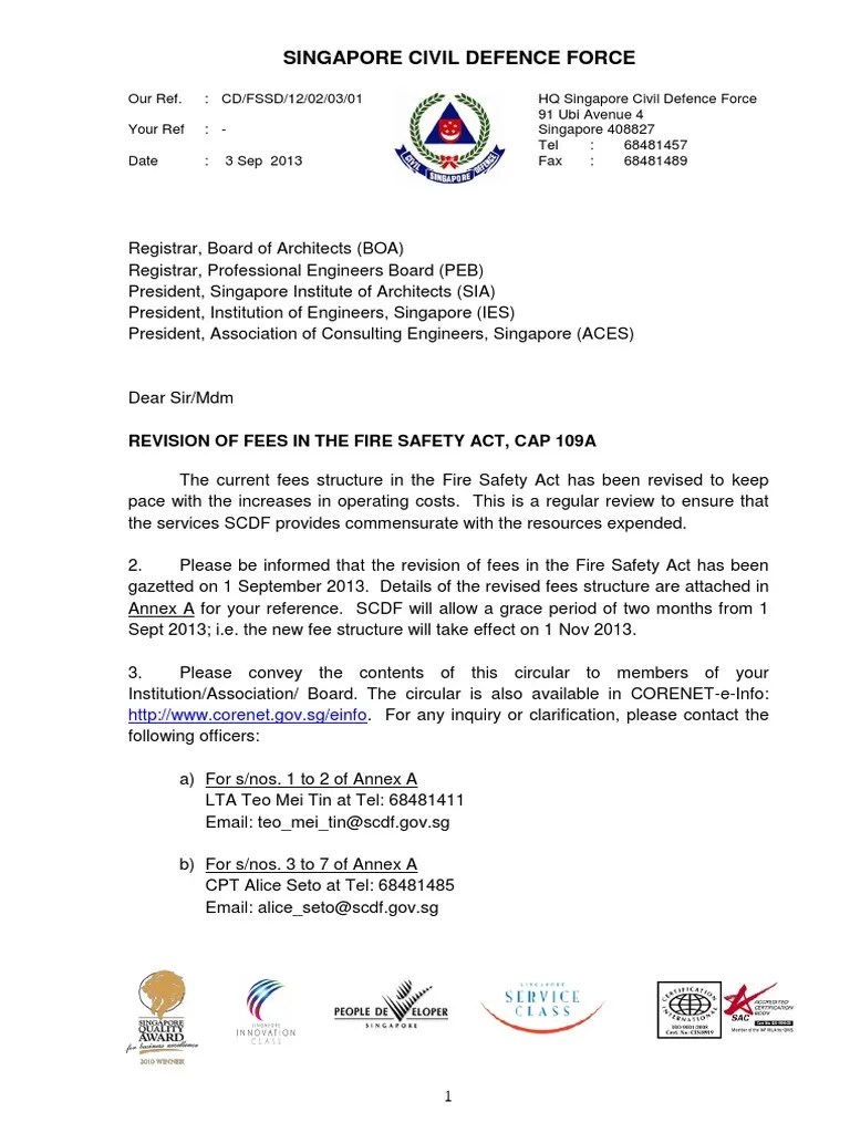 SCDF Review of the Fire Safety Engineering Fees Public Safety Safety