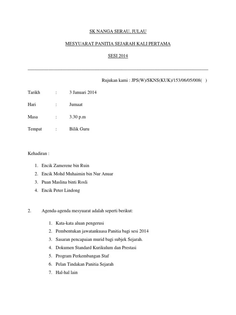 Minit Mesyuarat Panitia Sejarah Kali Ketiga Sekolah Rendah