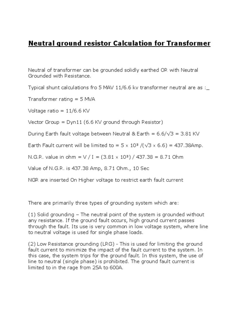 Neutral Ground Resistor Calculation for Transformer Resistor