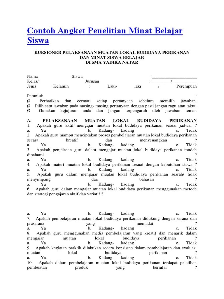 Contoh Angket Penelitian Minat Belajar Siswa