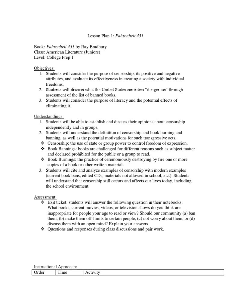 fahrenheit 451 lesson 1 draft 2 Censorship Educational Assessment