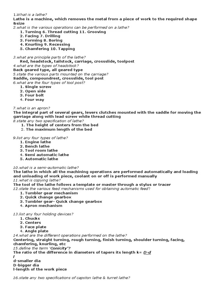 Machine Tools Viva Questions PDF Gear Machining