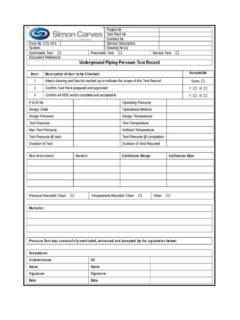 Underground Piping Pressure Test Record