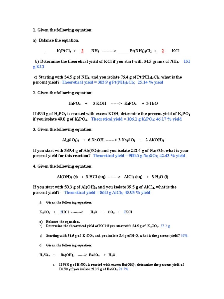 Theoretical and Percent Yield Worksheet Answers