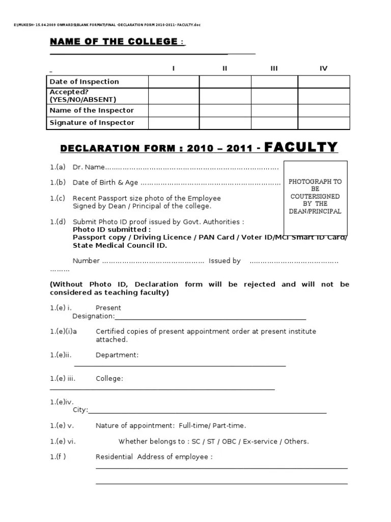 Medical Council of Inida Declaration Form 20102011for Faculty