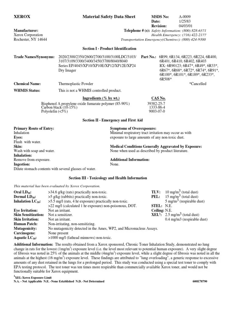 Xerox Corporation Toner Toxicity Materials