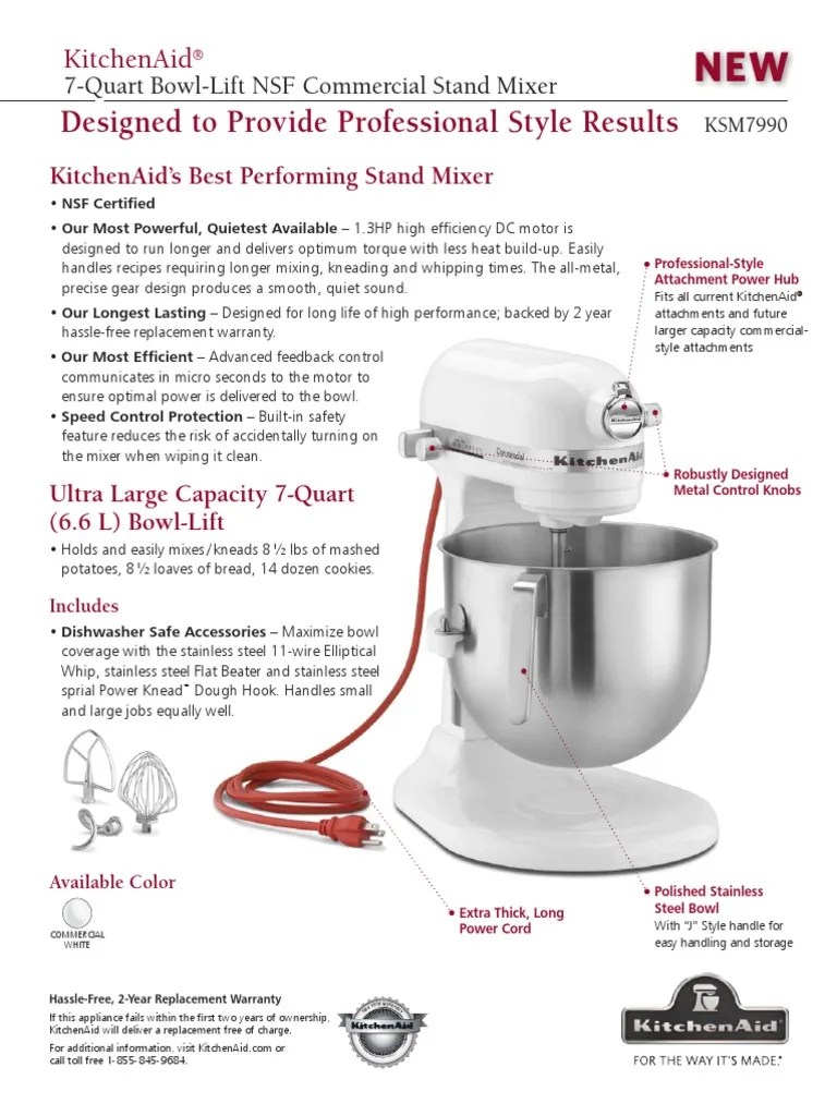 KitchenAid KSM7990WH Commercial Mixer PDF