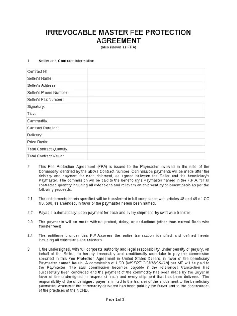 Irrevocable Master Fee Protection Agreement Sample PDF Business