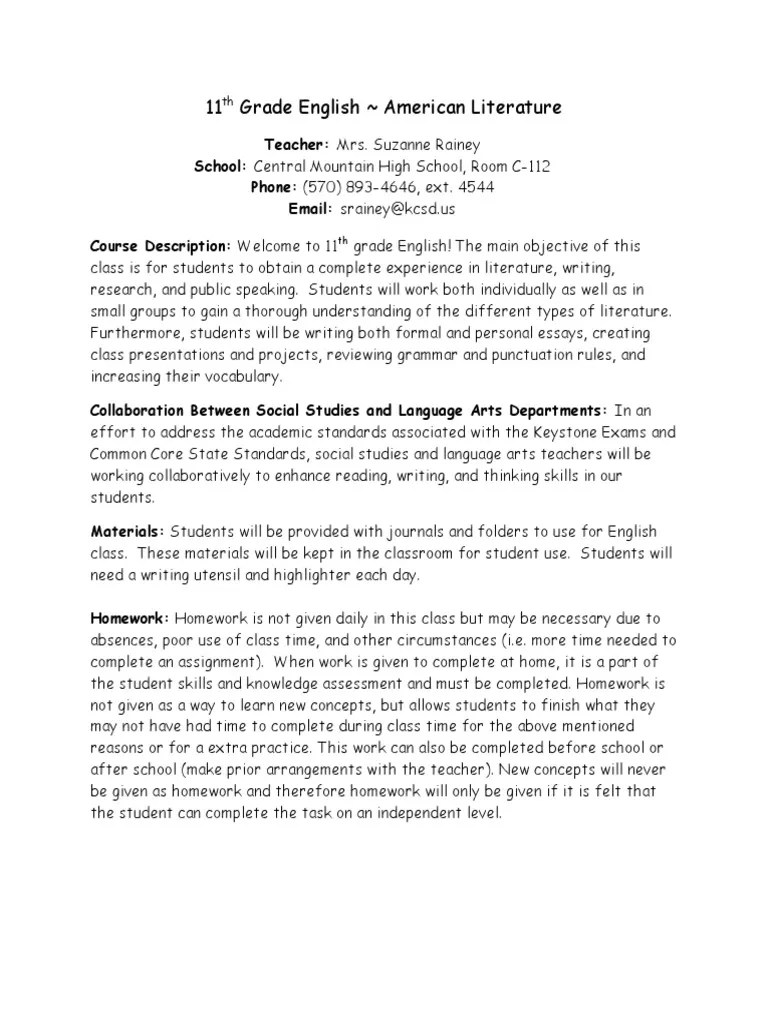 english 11 syllabus Academic Dishonesty Educational