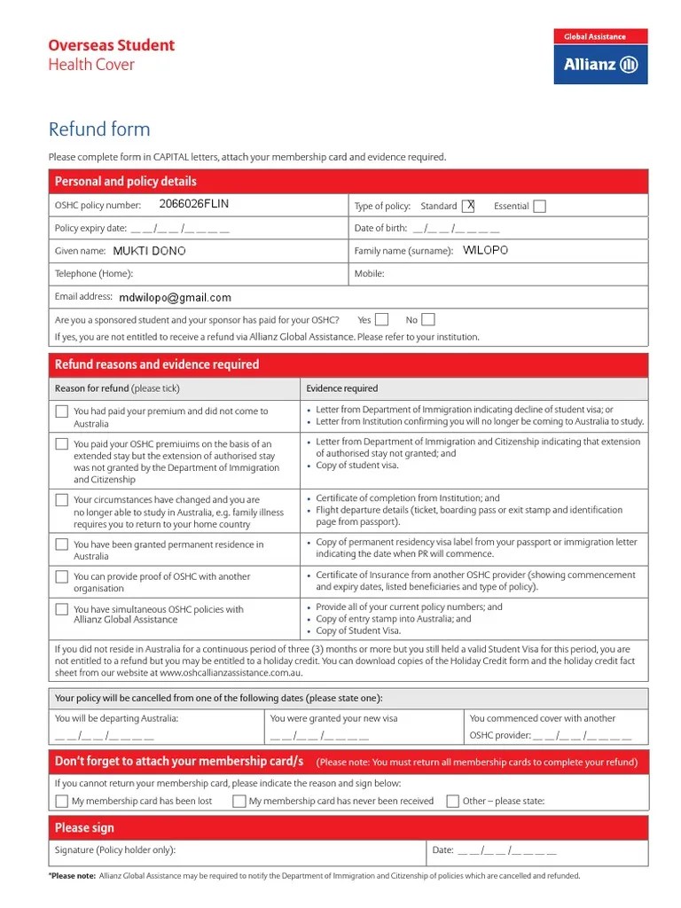 f9 Refund Form OSHC Travel Visa Permanent Residence