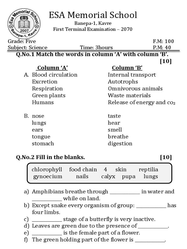 Grade 5 Science question sample Flowers Butterfly