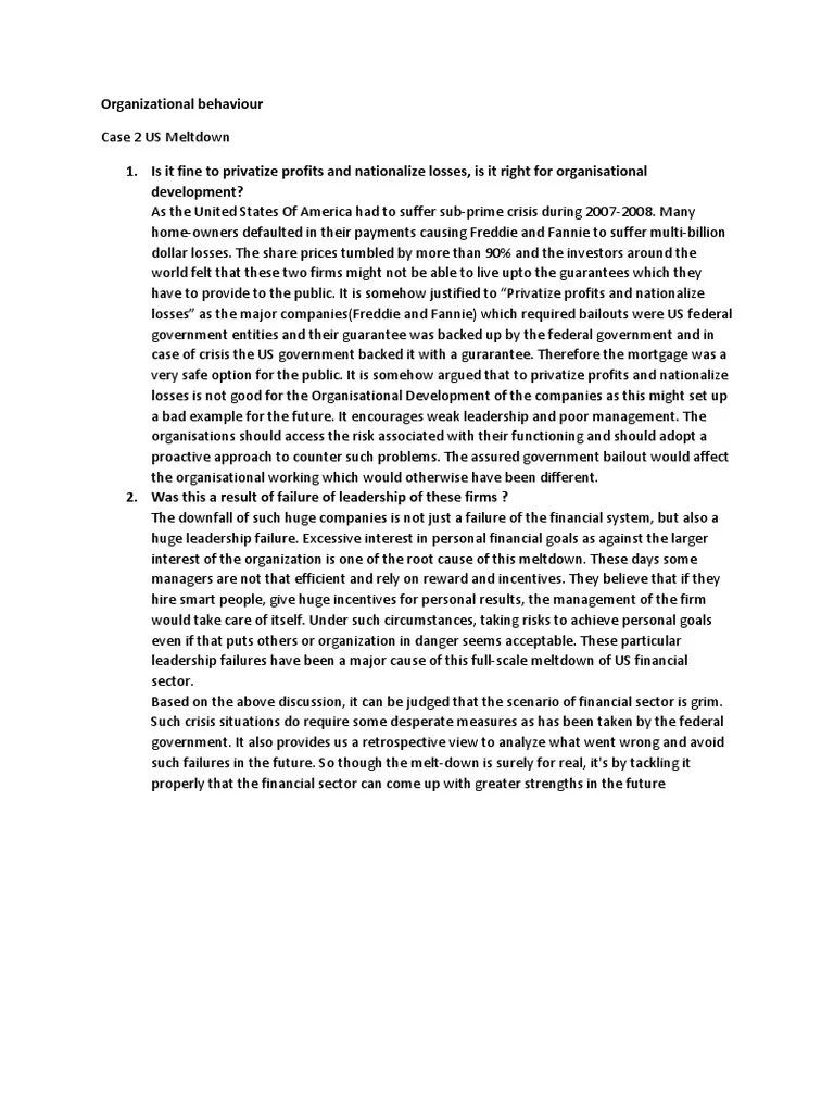 Organizational Behaviour case study Fannie Mae Bailout