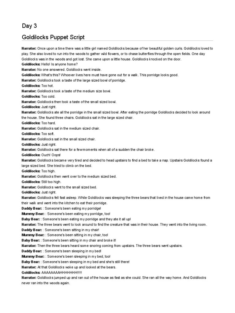 Goldilok Puppet Script Goldilocks And The Three Bears Fairy Tales