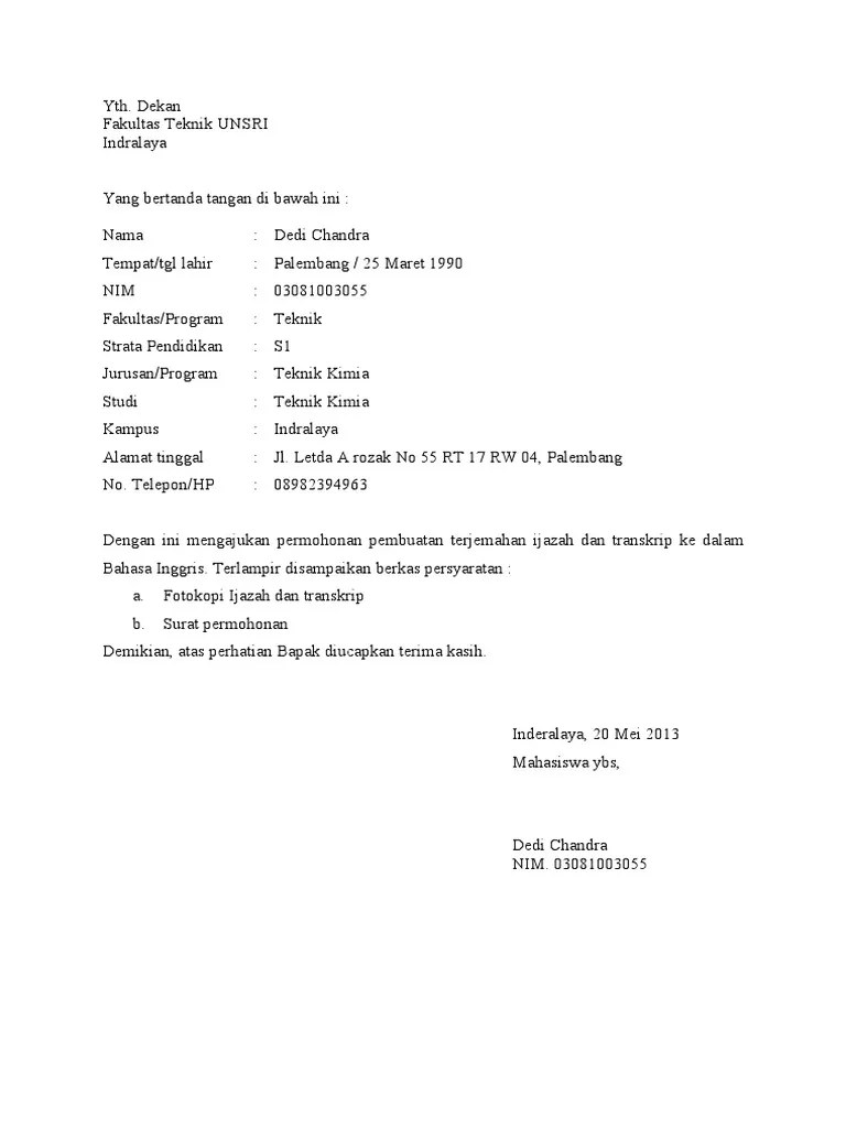 Surat Permohonan Transkrip Bahasa Inggris | PDF