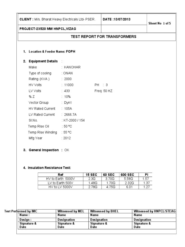 Typical Transformer Test Report Transformer Electrical Components