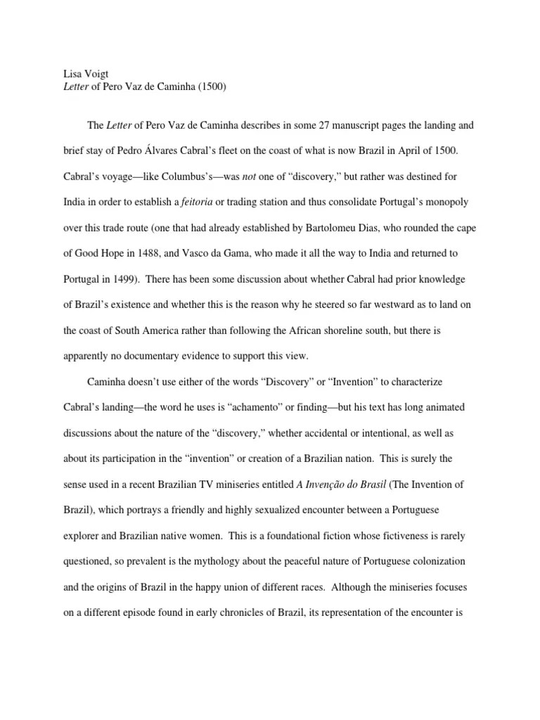 Letter of Pero Vaz de Caminha Exploration Brazil