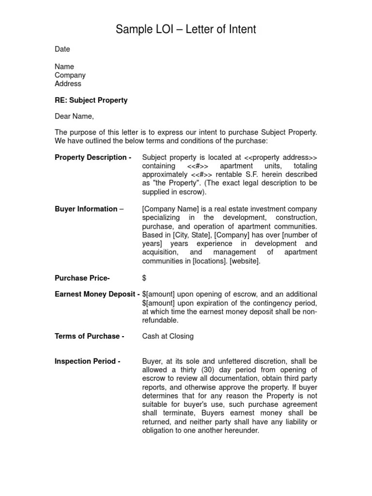 Sample Letter of Intent LOI Real Estate Investing Business