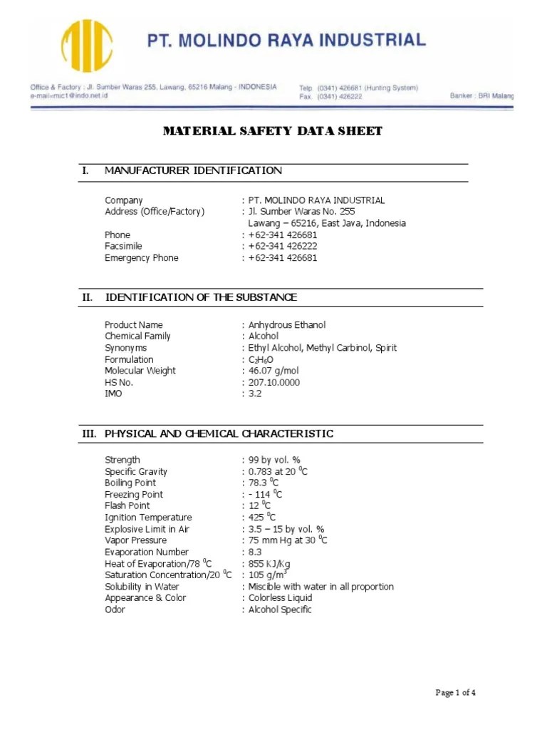MSDS Ethanol E100 Ethanol Combustion