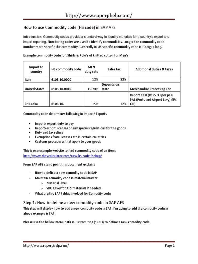 How To Use Commodity Code (HS Code) in SAP AFS Commodity