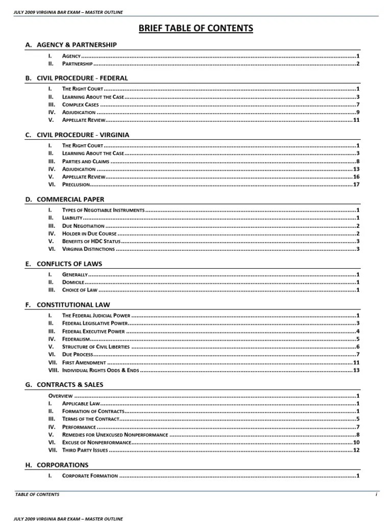 Sample from Master Outline for July 2009 Virginia Bar Exam Law Of