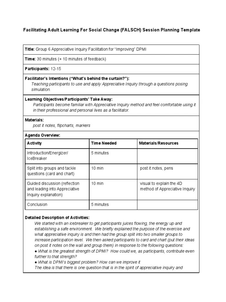 Facilitating Adult Learning For Social Change (FALSCH) Session Planning Template Inquiry