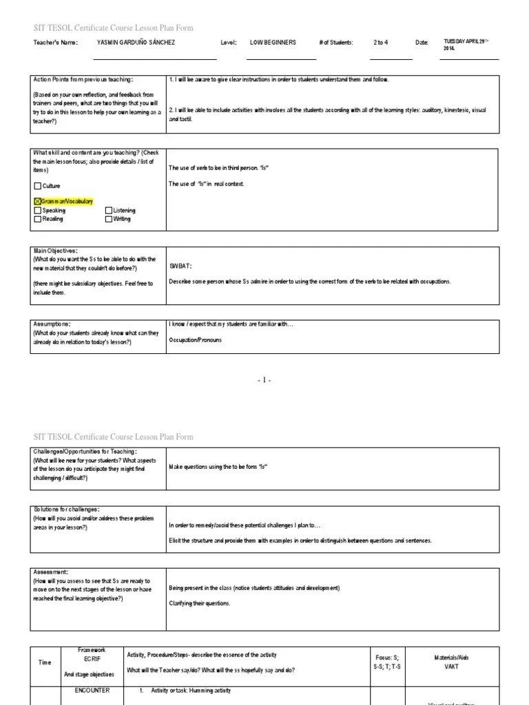 lesson plan Lesson Plan English As A Second Or Foreign Language