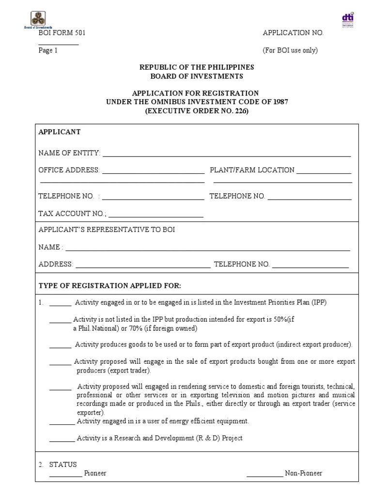 BOI Application Form Expense Equity (Finance)