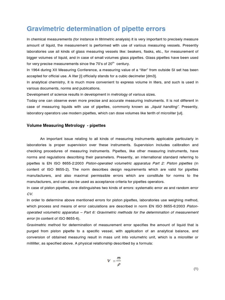 Gravimetric Determination of Pipette Errors PDF Uncertainty