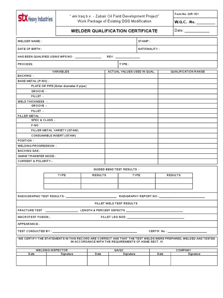 QIR 101 Welder Qualification Certificate