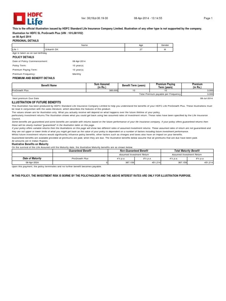 HDFC Life ProGrowth Plus Illustration PDF Life Insurance Insurance