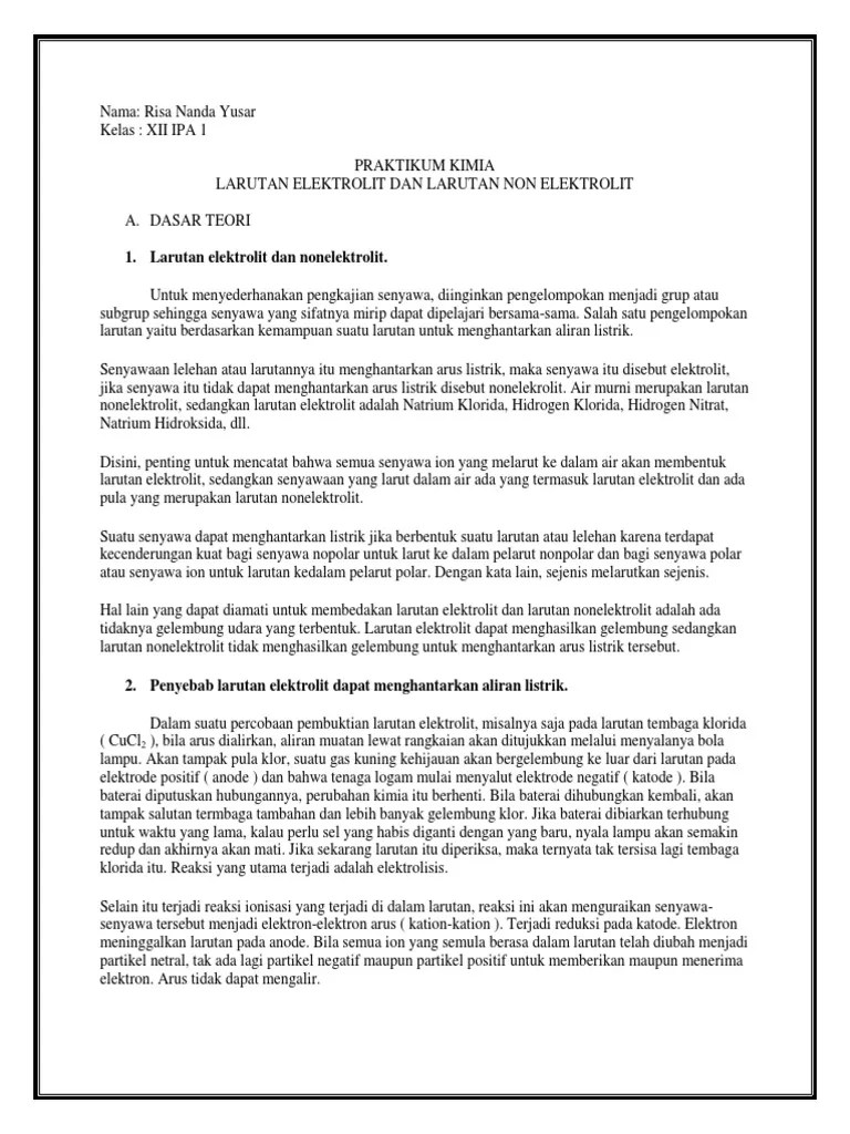 Laporan Praktikum Kimia Larutan Elektrolit Dan Non Elektrolit | PDF