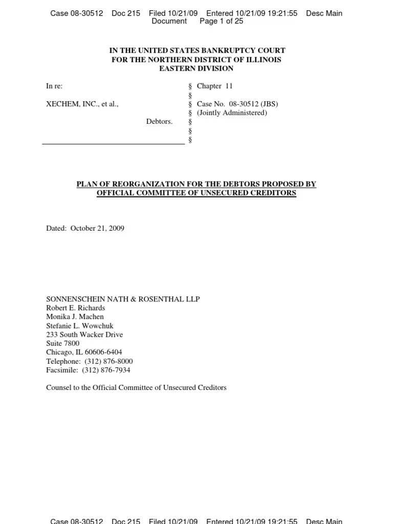 Xechem Docket 215 CC POR Bankruptcy In The United States Chapter 11