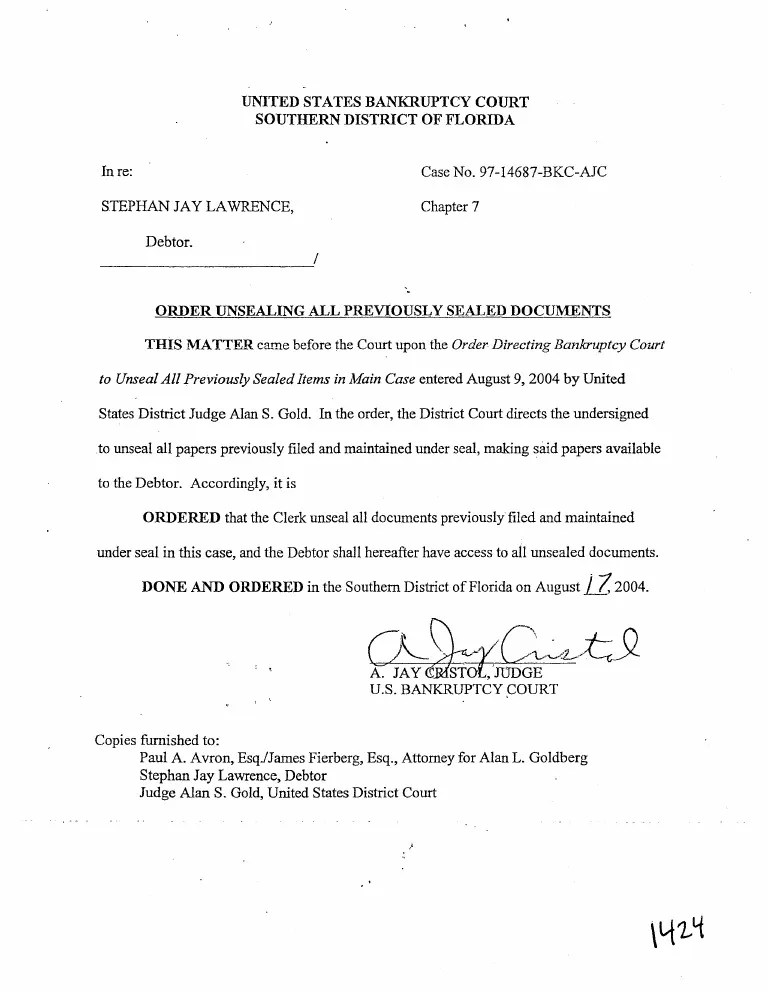 august 17 2004 order unsealing sealed bankruptcy record on order of