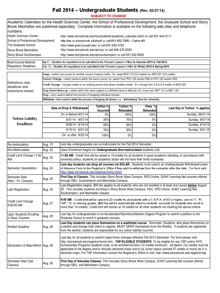 Calendar Fall 2014 Stony Brook Academic Term Graduate School
