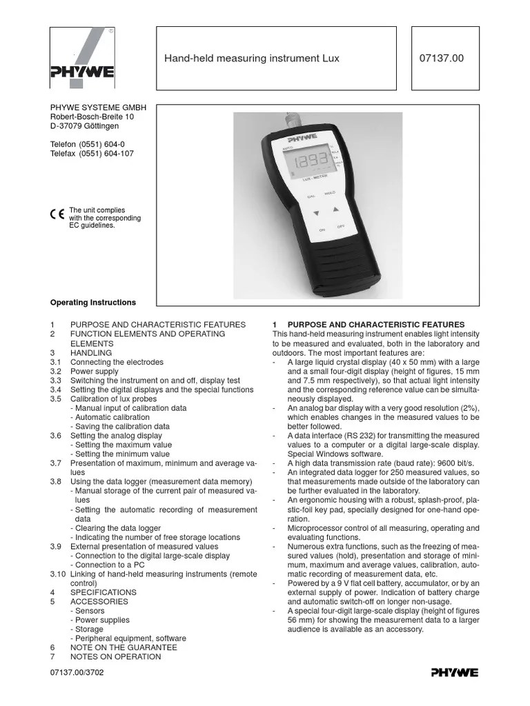 Manual Lux Meter Phiwe PDF Calibration Computer Data Storage