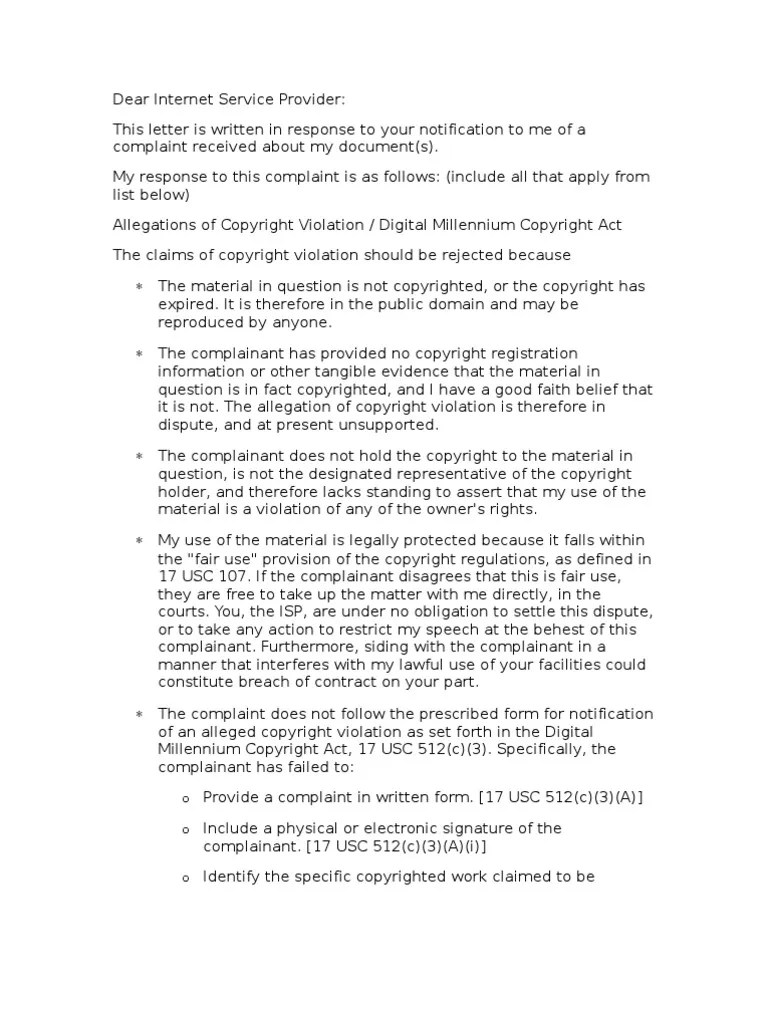 DMCA CounterNotification Template Digital Millennium Copyright Act