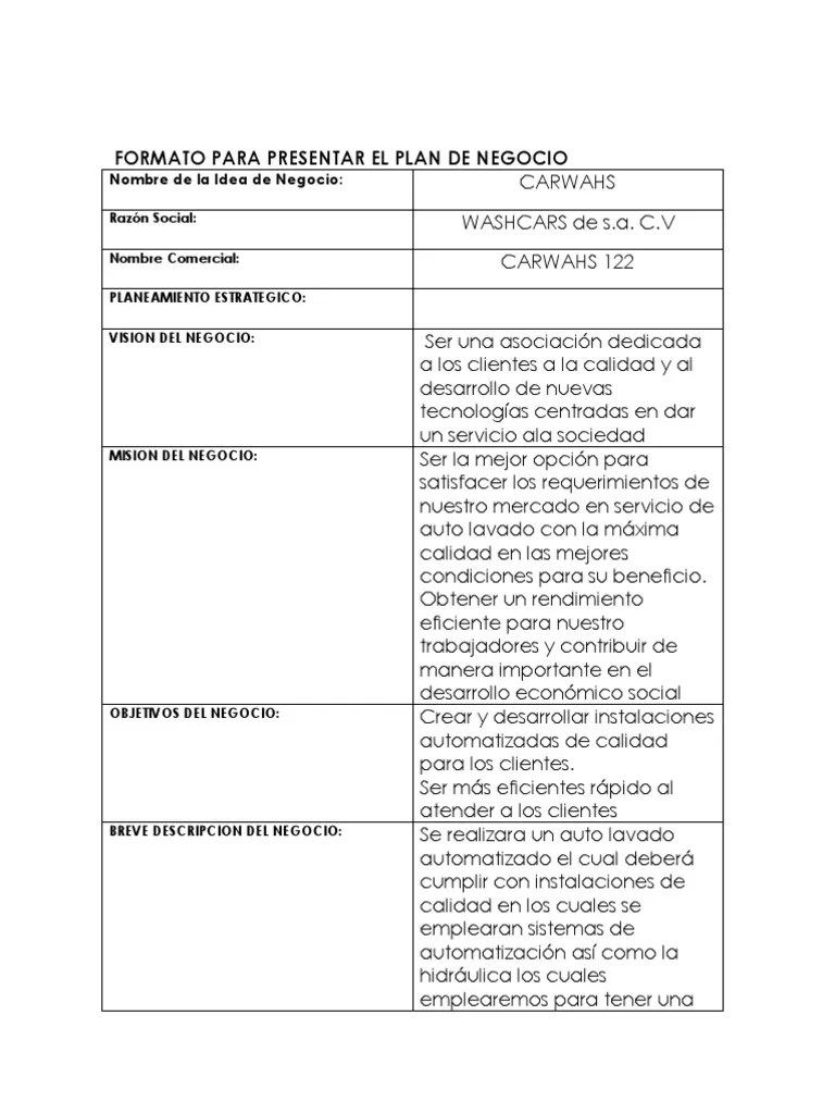 Formato Para Presentar El Plan de Negocio Producto (Negocio) Negocios